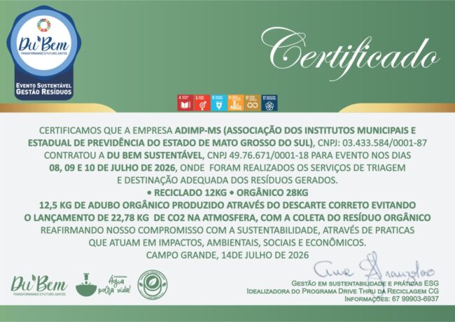 ADIMP-MS recebe certificação de sustentabilidade por gestão responsável de resíduos durante o 11º Congresso Estadual da ADIMP-MS, 3º Encontro Centro-Oeste da ABIPEM e o 6º ENCOPREV