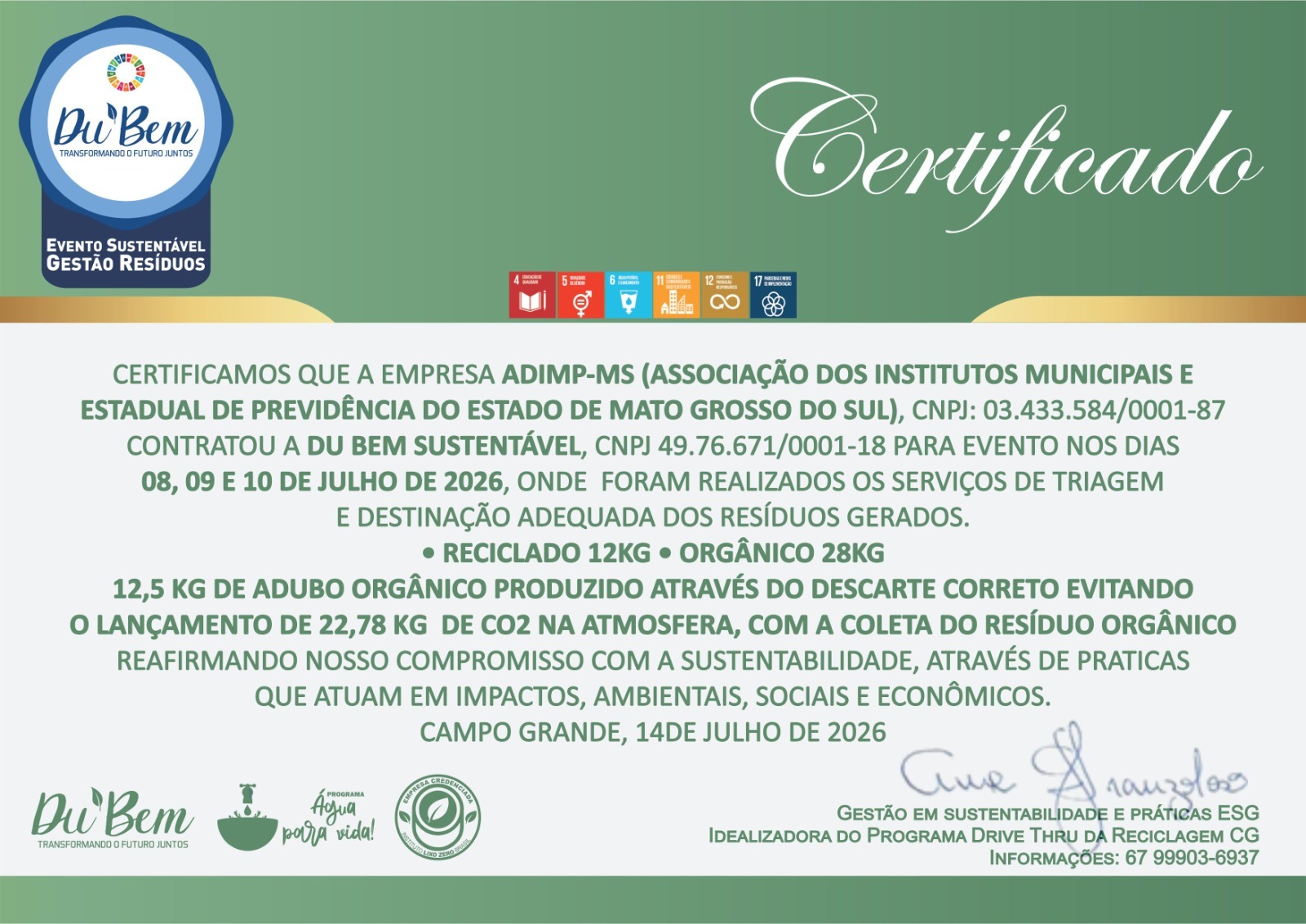 ADIMP-MS recebe certificação de sustentabilidade por gestão responsável de resíduos durante o 11º Congresso Estadual da ADIMP-MS, 3º Encontro Centro-Oeste da ABIPEM e o 6º ENCOPREV